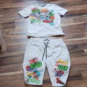 White Graphic T-Shirt and Shorts Set